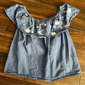 Roper Off the Shoulder Blouse with Embroidery Detail Medium Denim Chambray‎